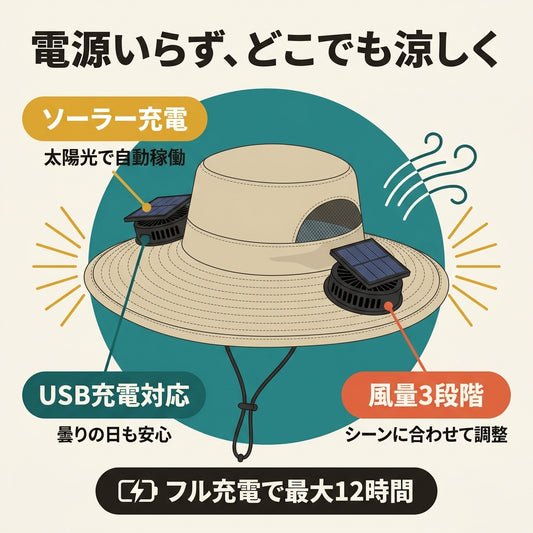 ソラかぜハット™|ソーラー充電ファン内蔵 ワイドつば日よけハット(ファン着脱式)