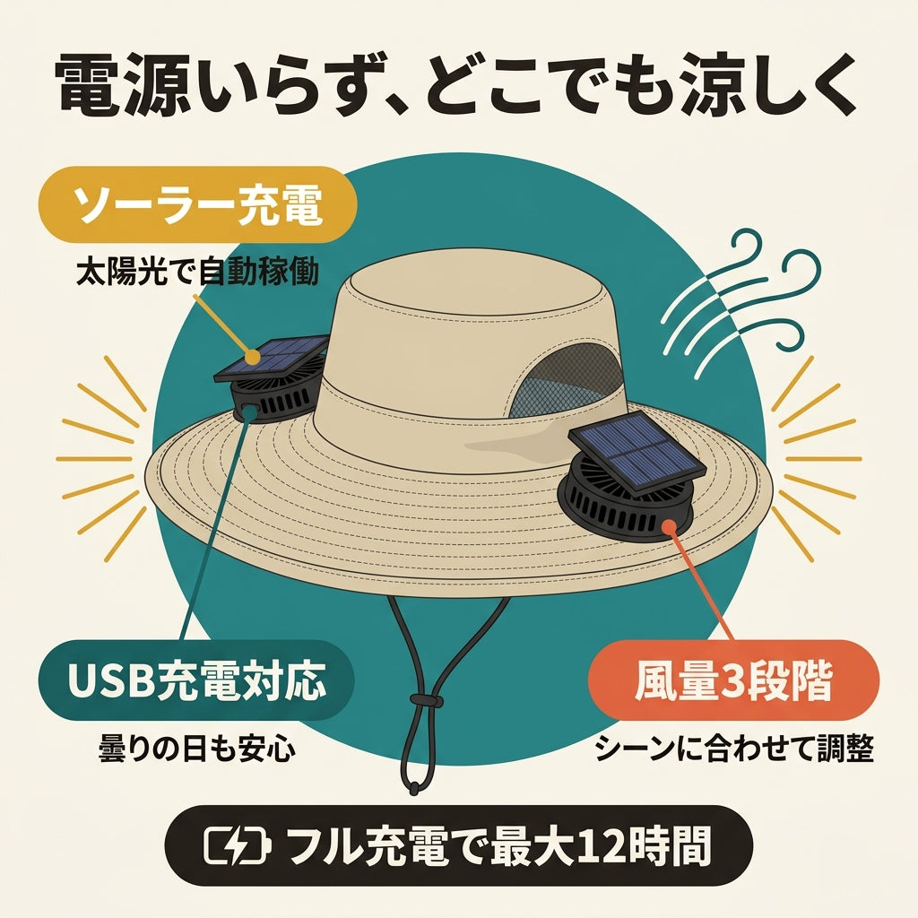 ソラかぜハット™｜ソーラー充電ファン内蔵 ワイドつば日よけハット（ファン着脱式）